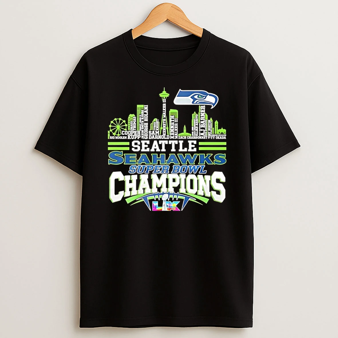 2025 2026 Super Bowl Lx Champions Seattle Seahawks All Names City Skyline T Shirt