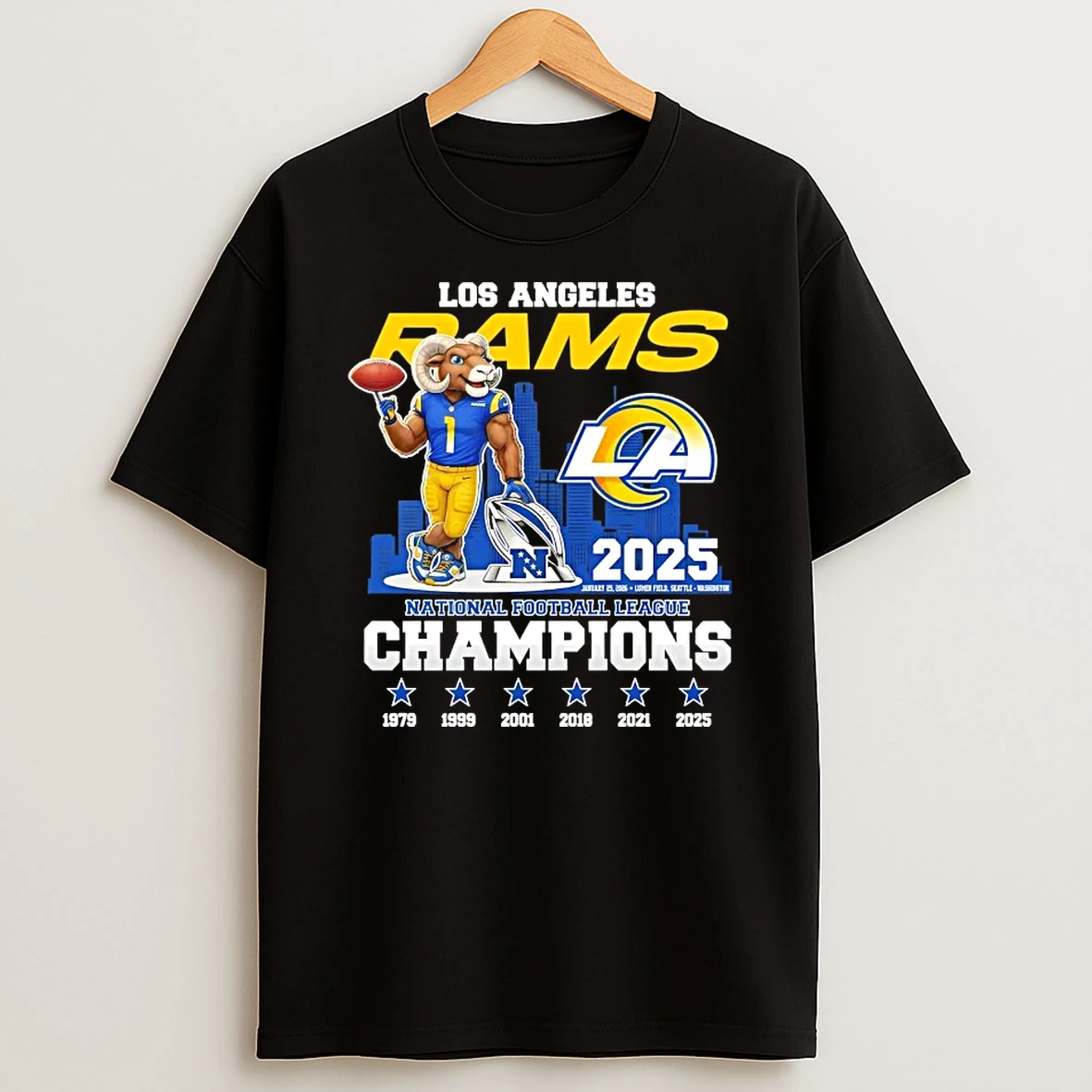 2025 National Football League Champions Los Angeles Rams Mascot Skyline T Shirt