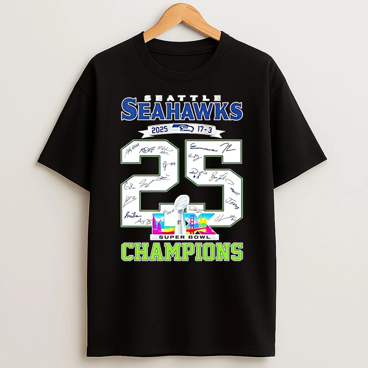 2025 Seattle Seahawks 17 3 Super Bowl Lx Champions All Signatures T Shirt