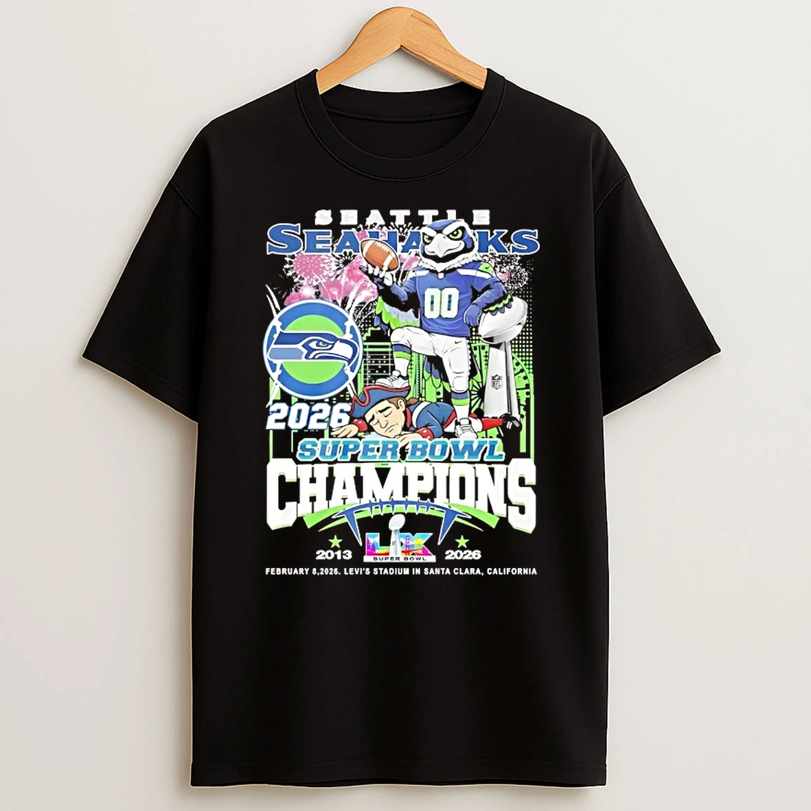 2026 Super Bowl Champions Seattle Seahawks Beat New England Patriots Mascot Skyline T Shirt