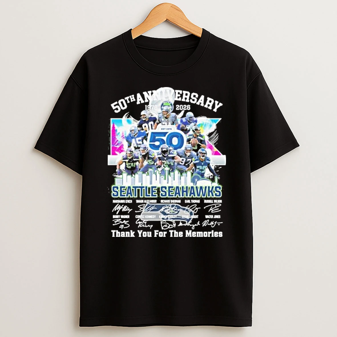 50th Anniversary Team Player Seattle Seahawks Signature Thank You For The Memories T Shirt