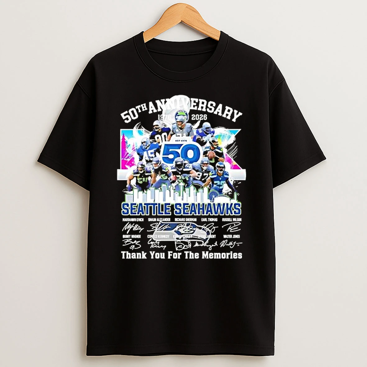 50th Anniversary 1976 2026 Seattle Seahawks Marshawn Lynch And Players Thank You For The Memories Signatures T Shirt