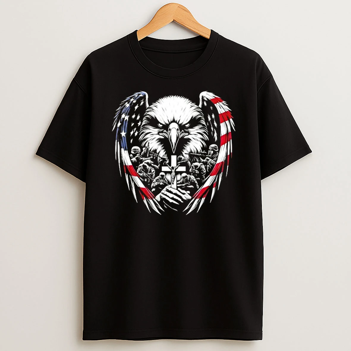 American Eagle Wings And Soldiers Praying Cross Us Flag T Shirt