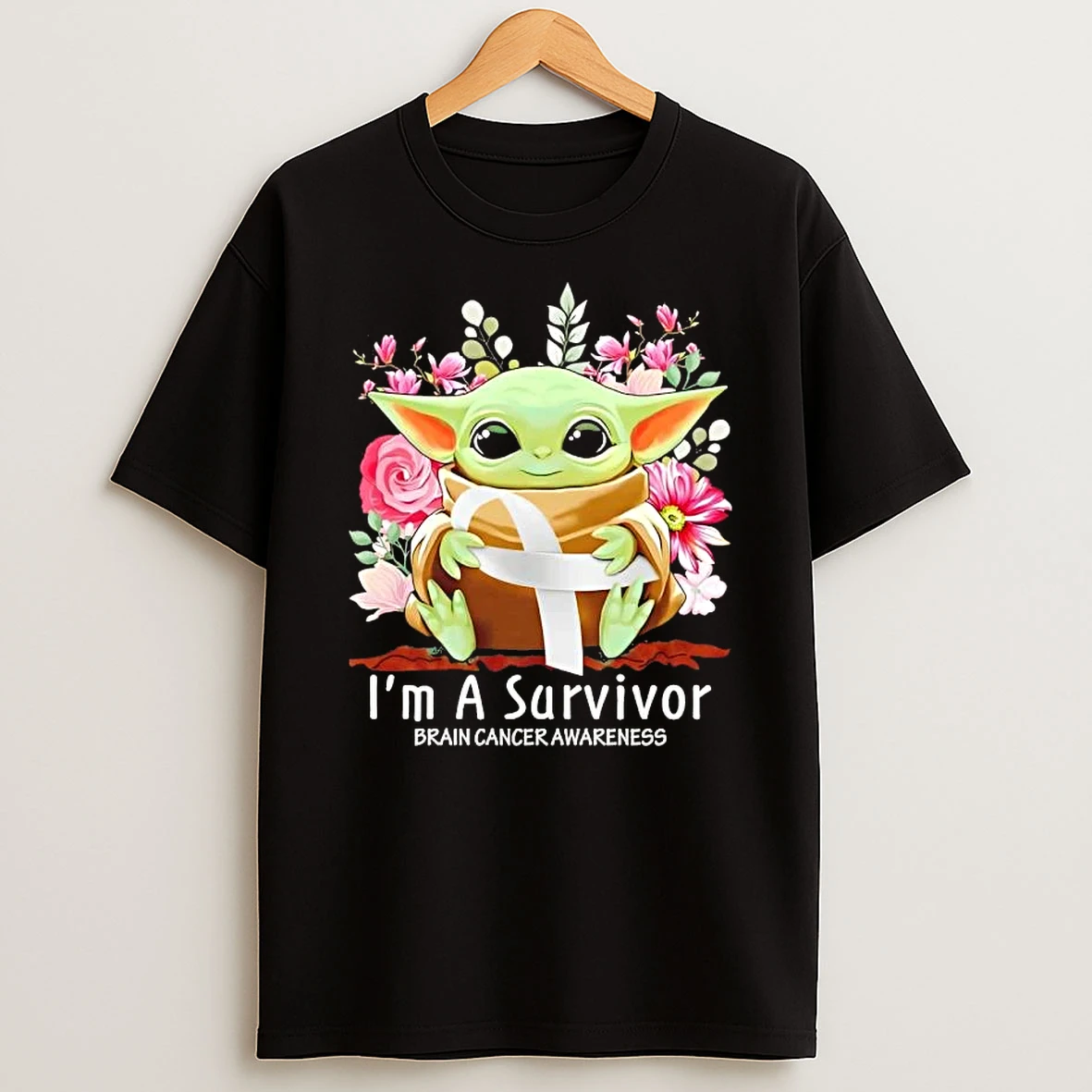Baby Yoda Im A Survivor Brain Cancer Awareness Flowers T Shirt