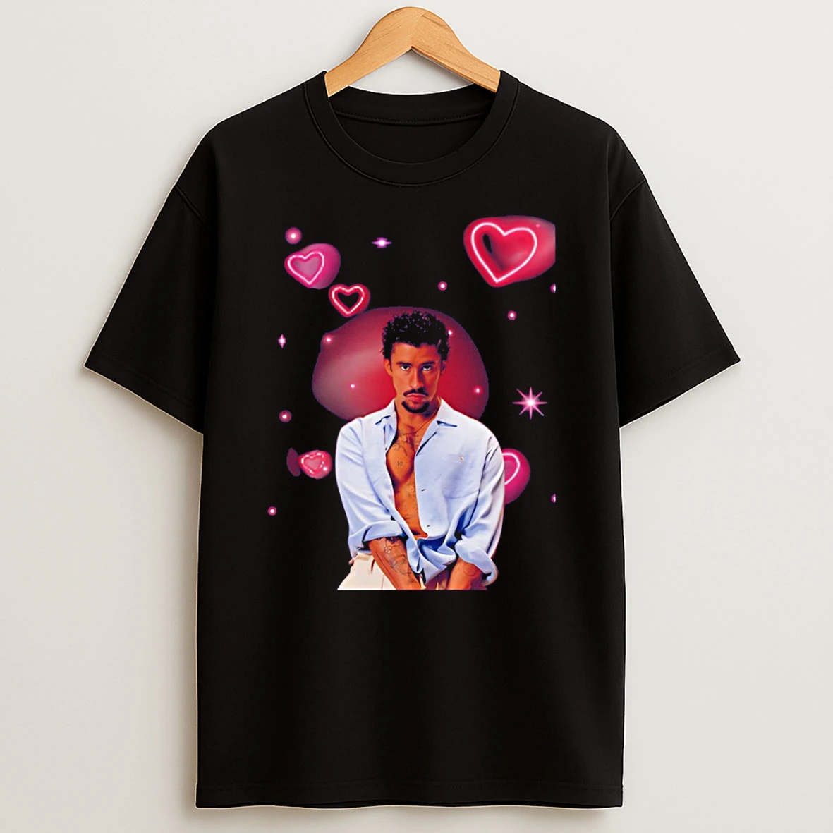 Bad Bunny Benito Portrait Romantic Pink Hearts Graphic T Shirt