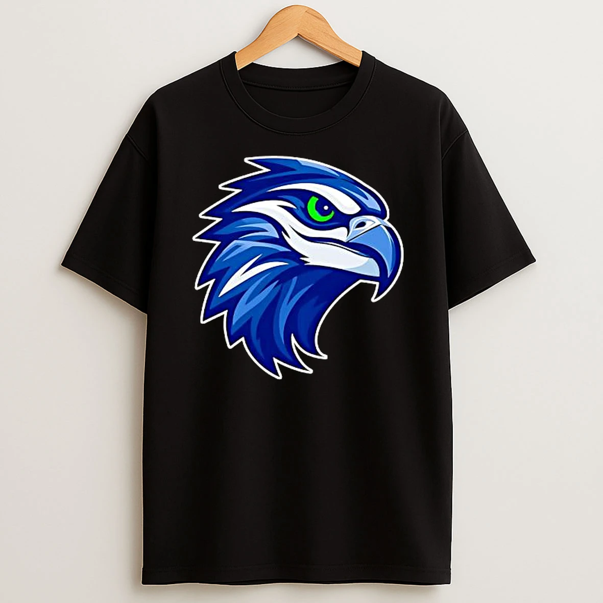 Blue Osprey Hawk Head Profile Green Eye Mascot Logo T Shirt