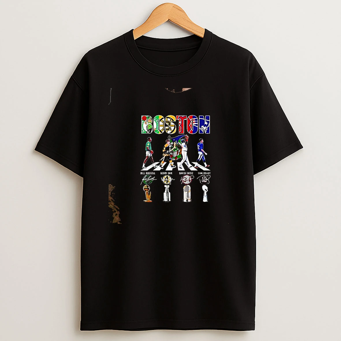 Boston Sports Bill Russell X Bobby Orr X David Ortiz X Tom Brady Trophies Legends Signatures T Shirt