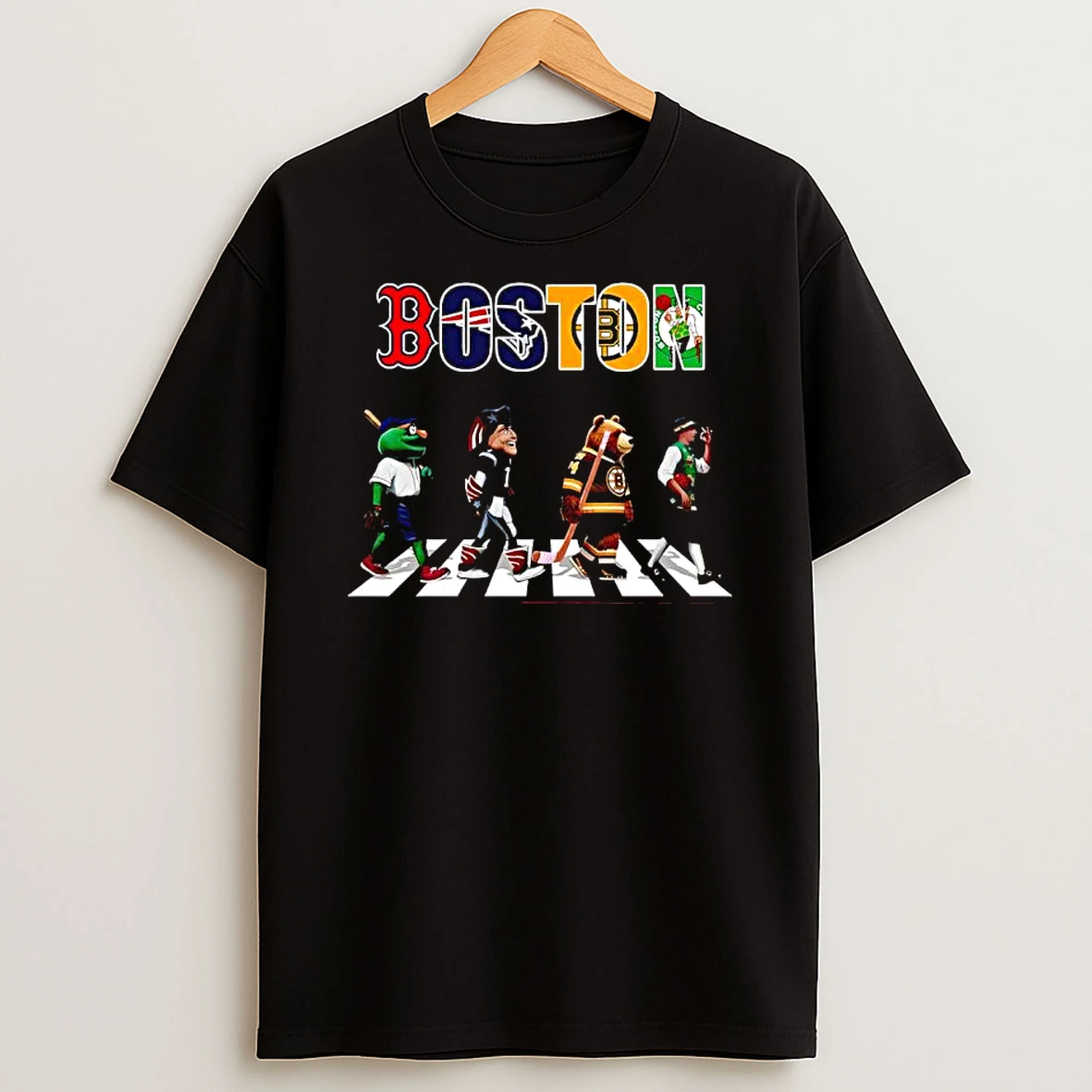 Boston Sports Teams Wally The Green Monster Pat Patriot Blades The Bruin Lucky The Leprechaun Mascots T Shirt