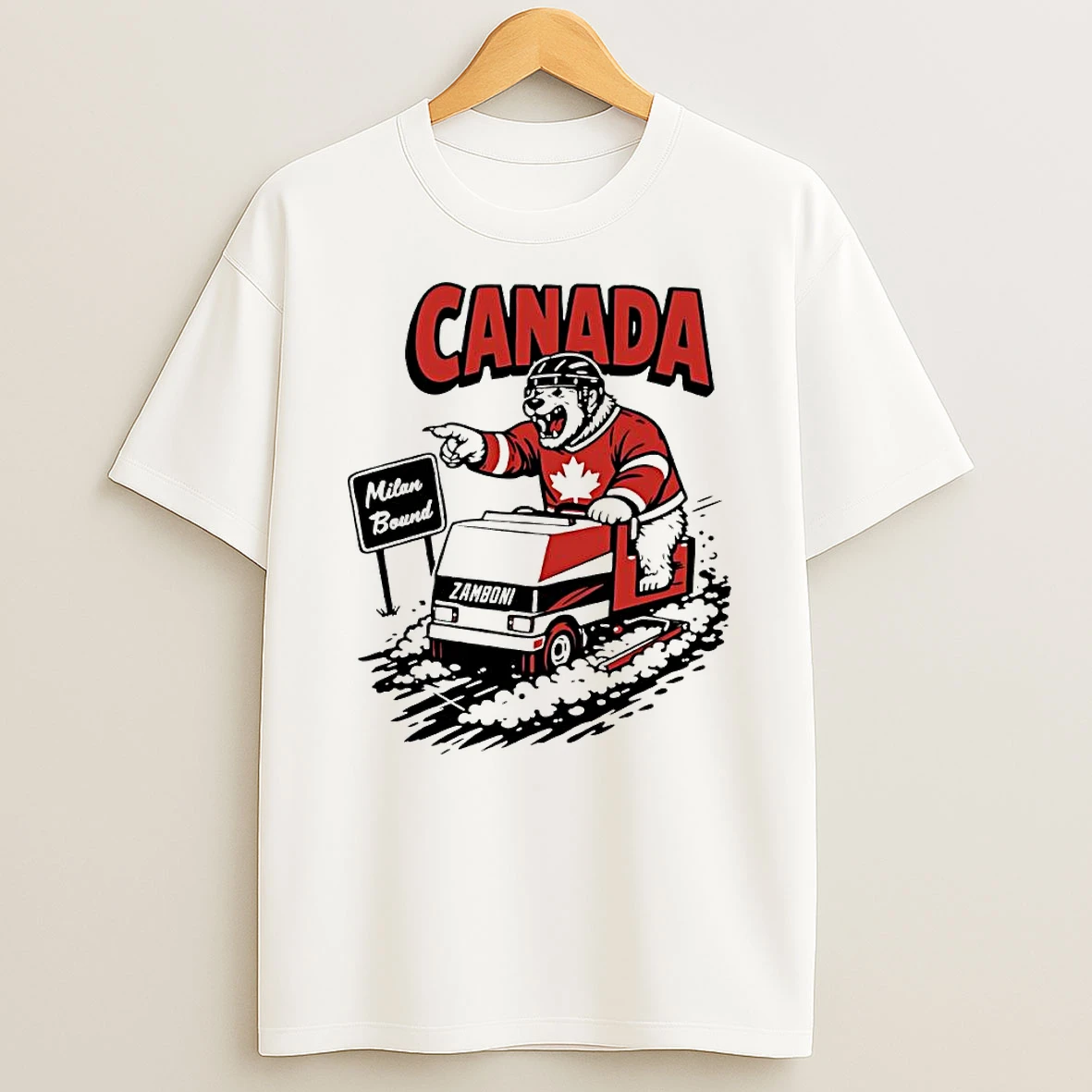 Canada Hockey Polar Bear Milan Bound Driving Zamboni Winter Sports T Shirt