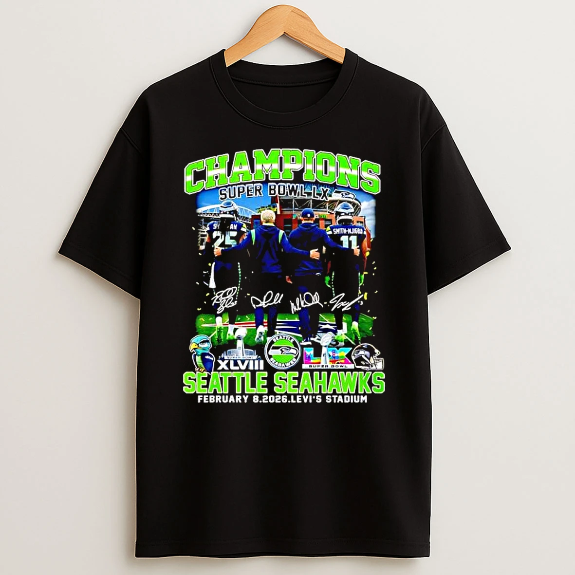 Champions Super Bowl Lx Seattle Seahawks February 8th 2026 Signatures Logo T Shirt