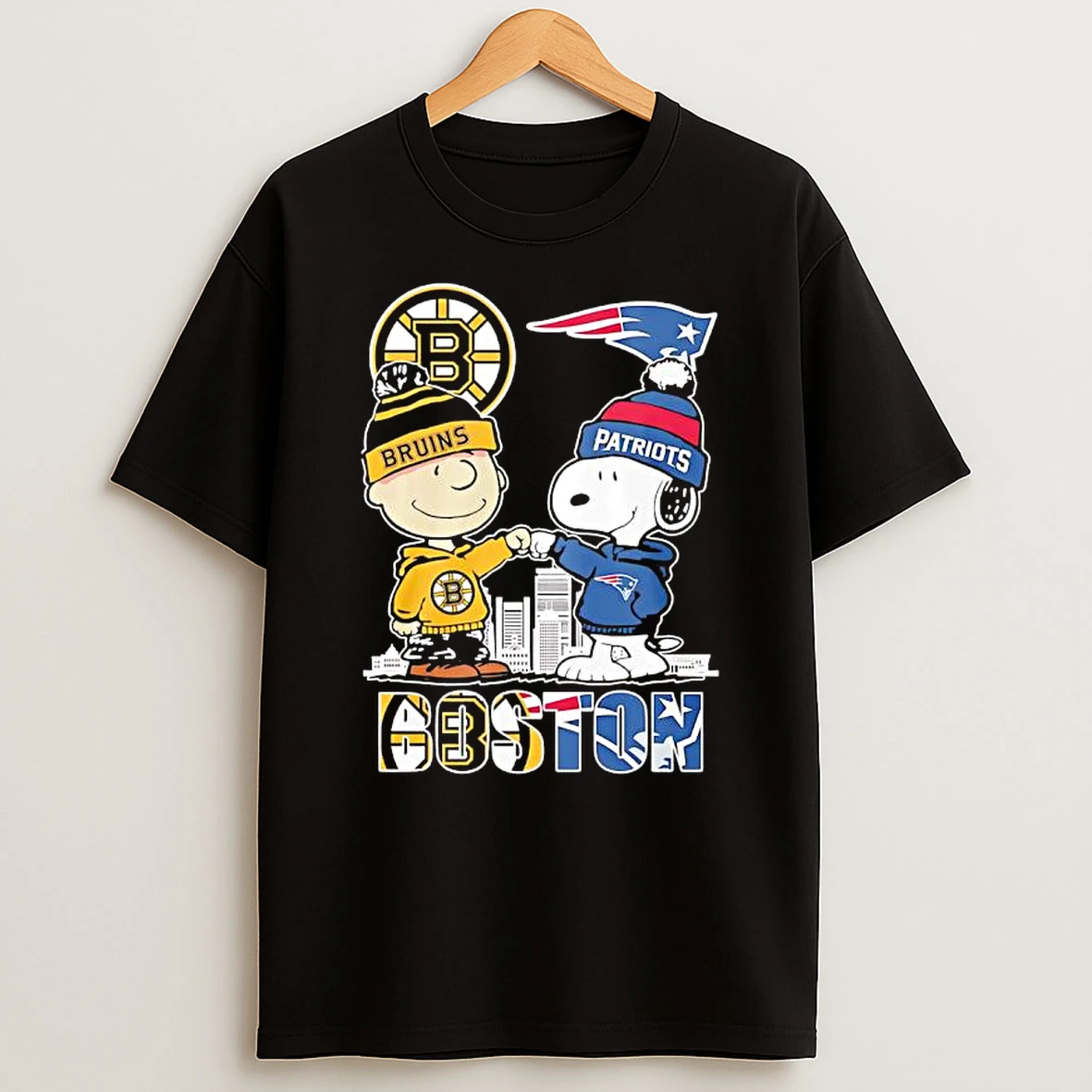 Charlie Brown And Snoopy In Boston Bruins And New England Patriots Team Skyline Graphic T Shirt