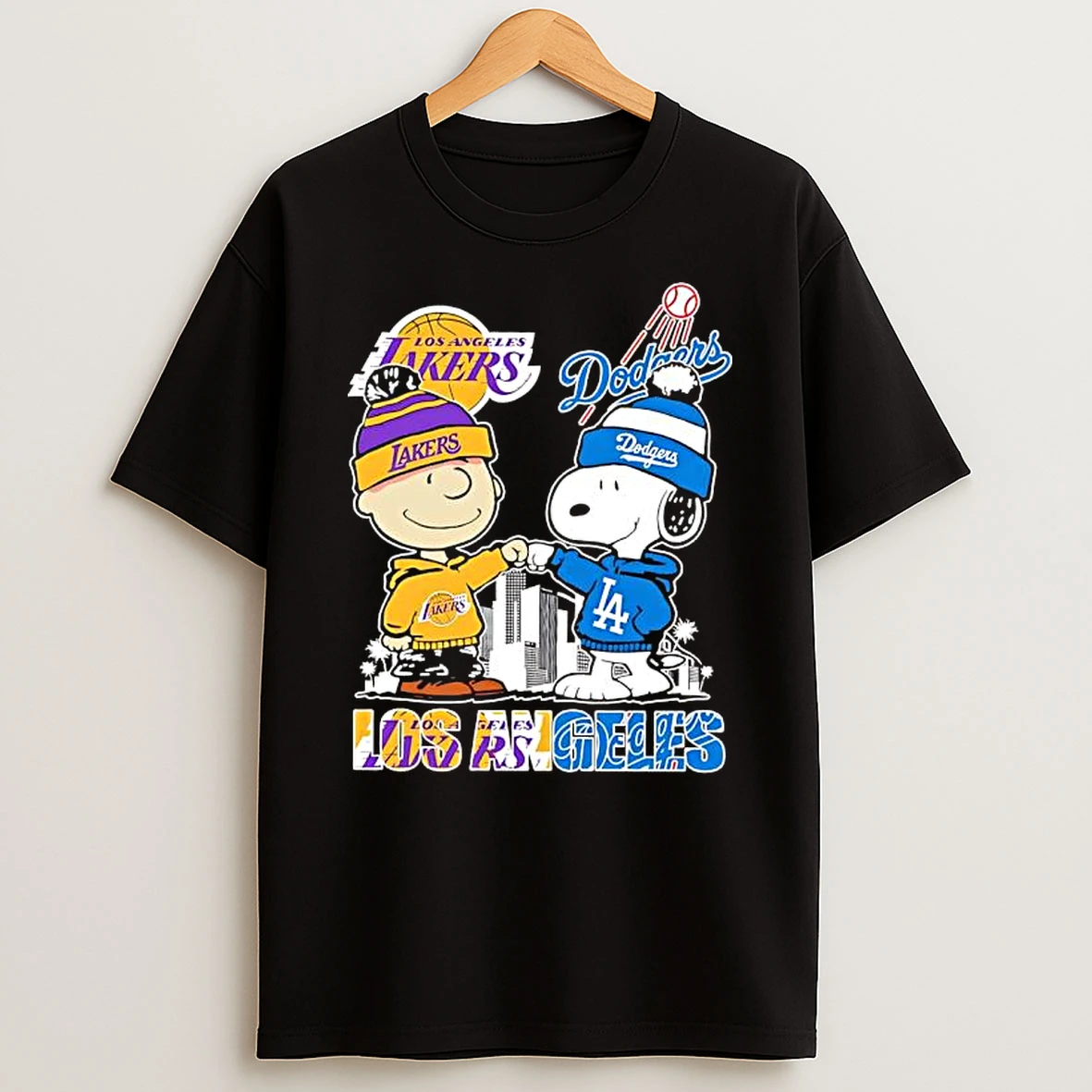 Charlie Brown And Snoopy In Los Angeles Lakers And Los Angeles Dodgers Skyline Graphic T Shirt