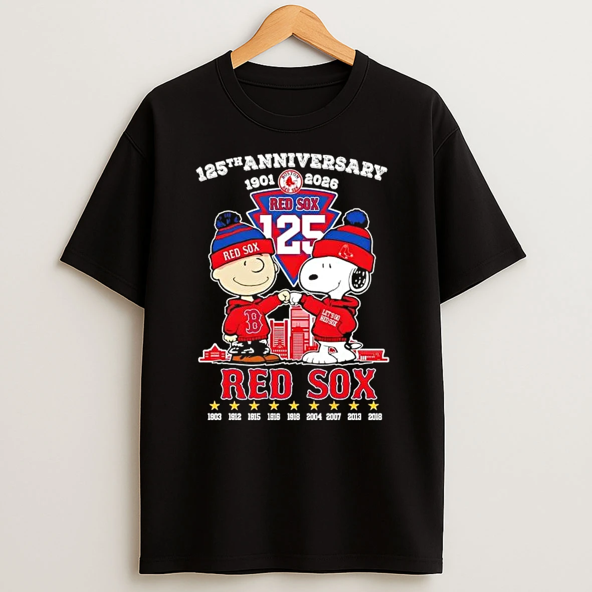 Charlie Brown Fist Bump Snoopy 125th Anniversary 1801 2026 Boston Red Sox All Times Skyline T Shirt
