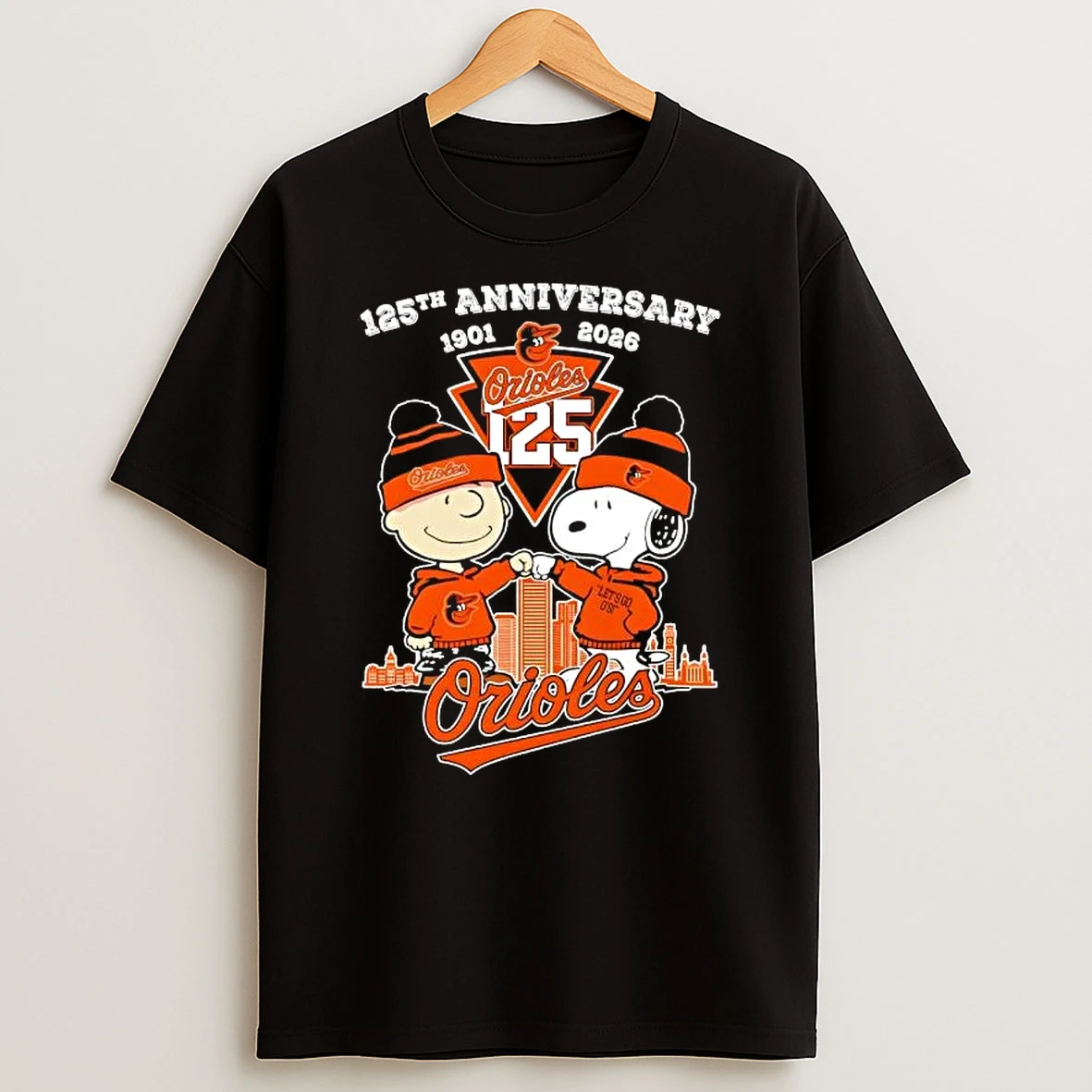 Charlie Brown Fist Bump Snoopy 125th Anniversary 1901 2026 Baltimore Orioles Baseball City Skyline T Shirt