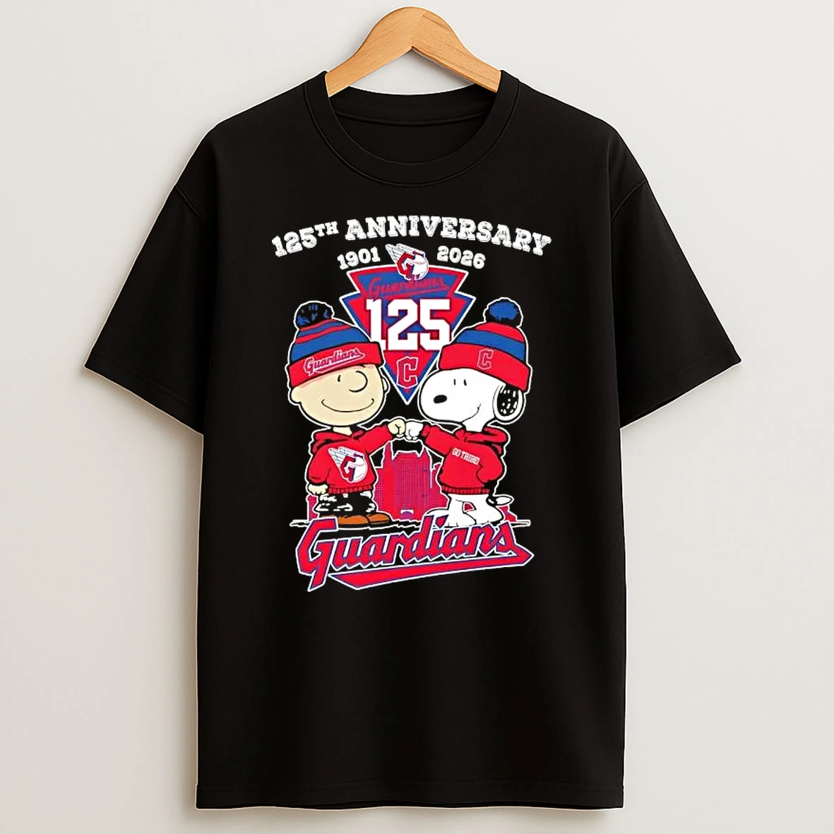 Charlie Brown Fist Bump Snoopy 125th Anniversary 1901 2026 Cleveland Guardians Baseball City Skyline T Shirt