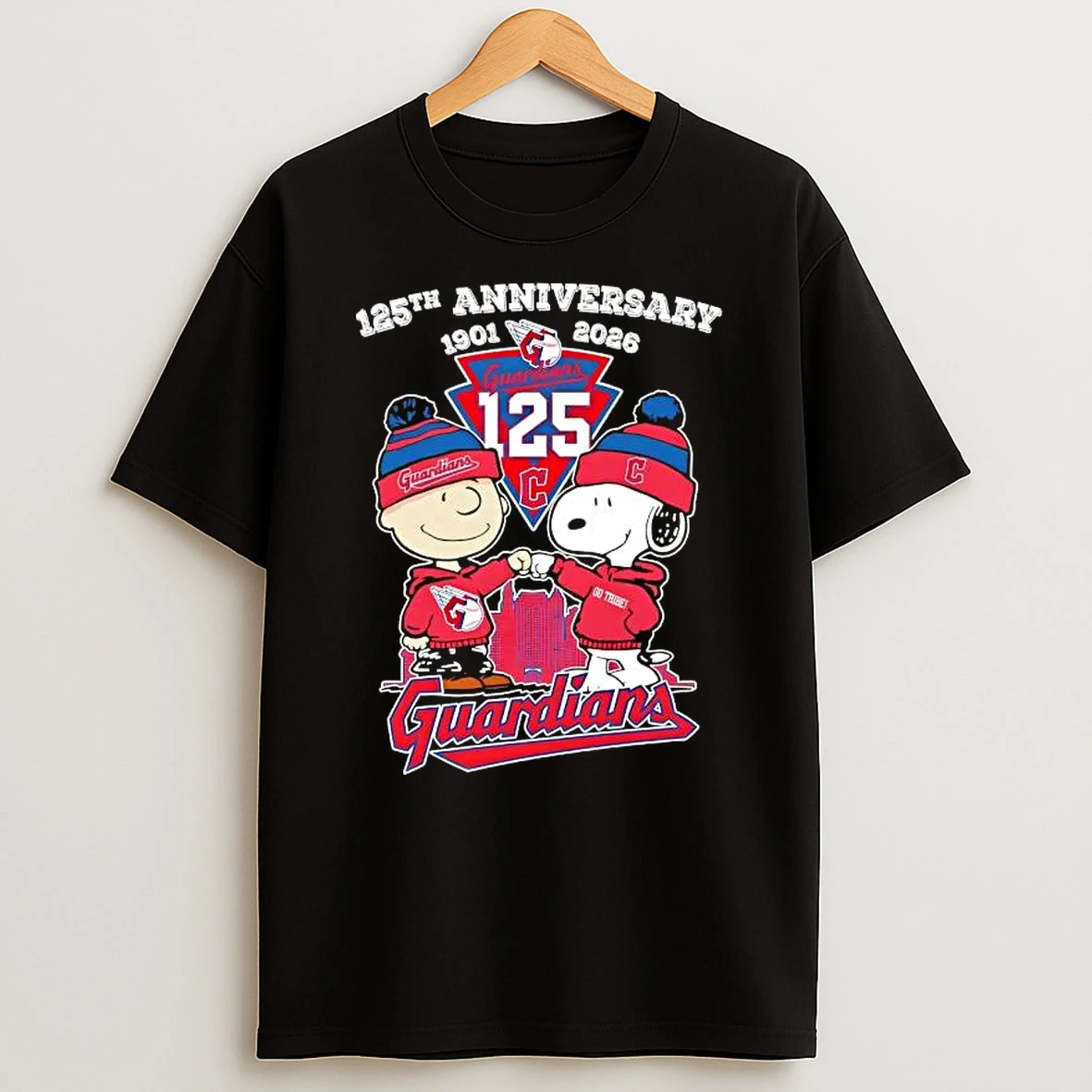 Charlie Brown Fist Bump Snoopy 125th Anniversary 1901 2026 Cleveland Guardians Skyline T Shirt