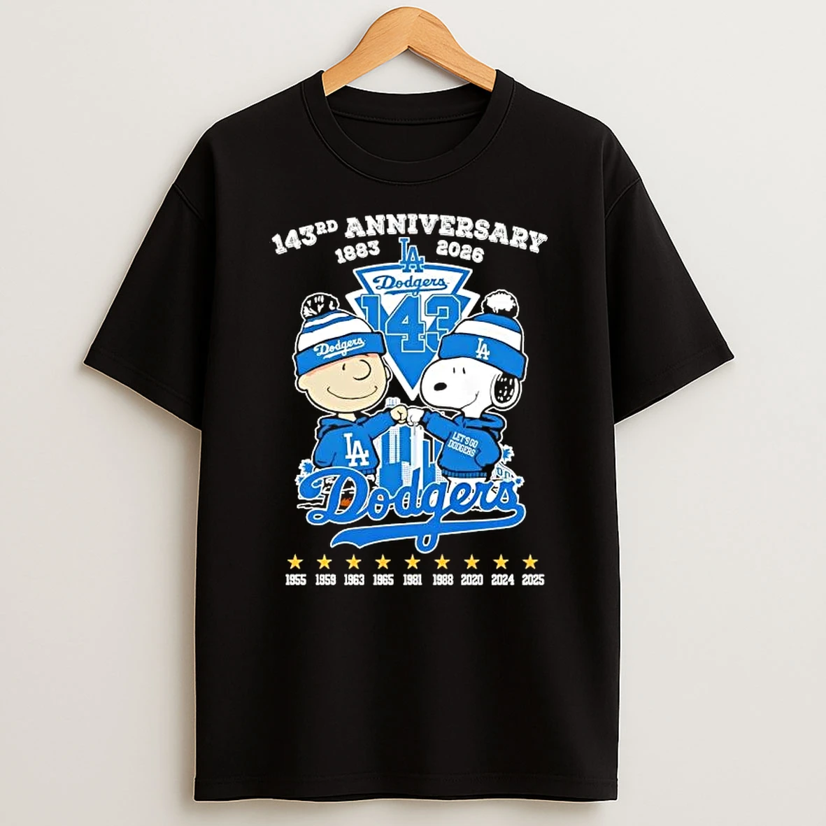 Charlie Brown Fist Bump Snoopy 143rd Anniversary 1883 2026 Los Angeles Dodgers All Times Skyline T Shirt