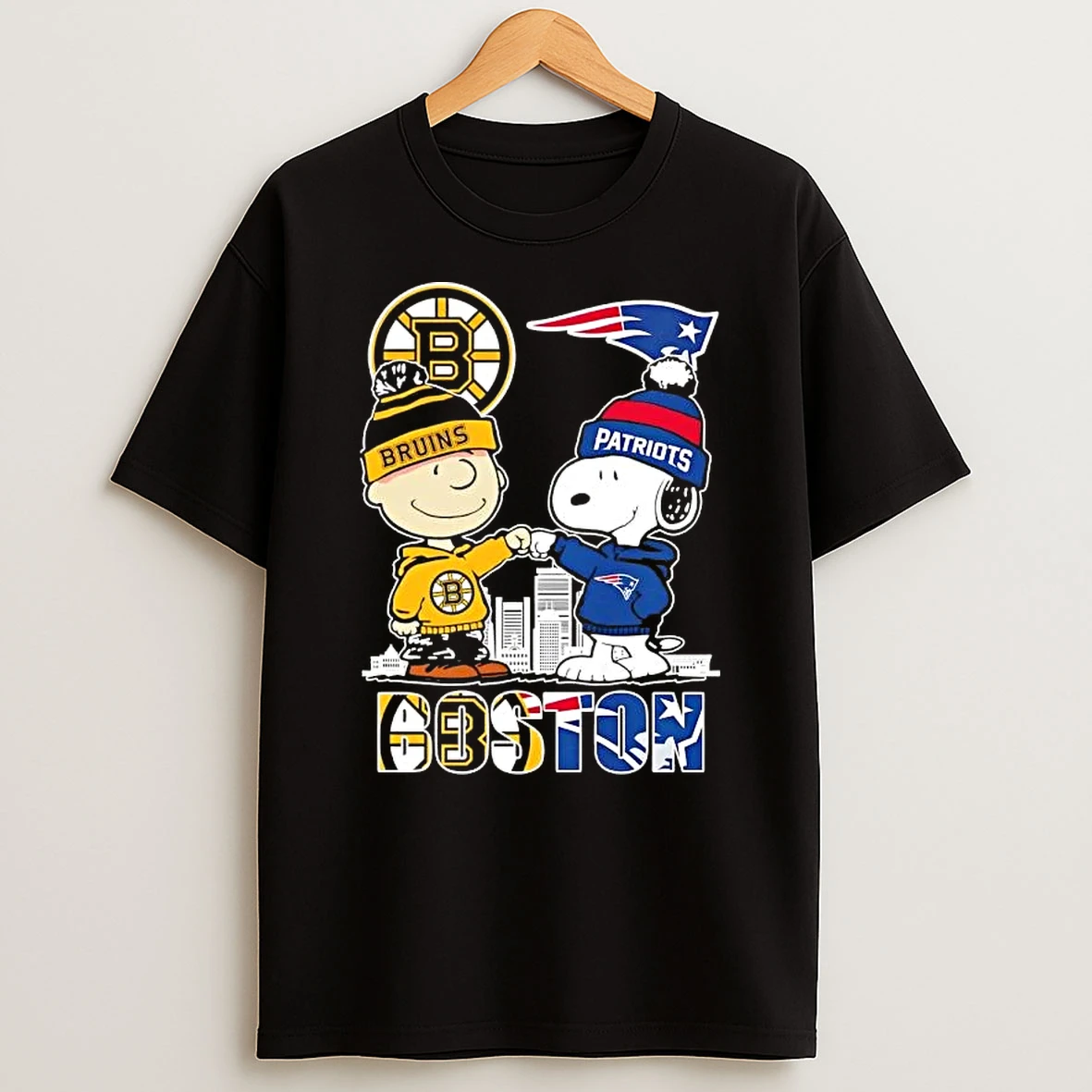 Charlie Brown Fist Bump Snoopy Boston City Sports Bruins X New England Patriots Skyline T Shirt