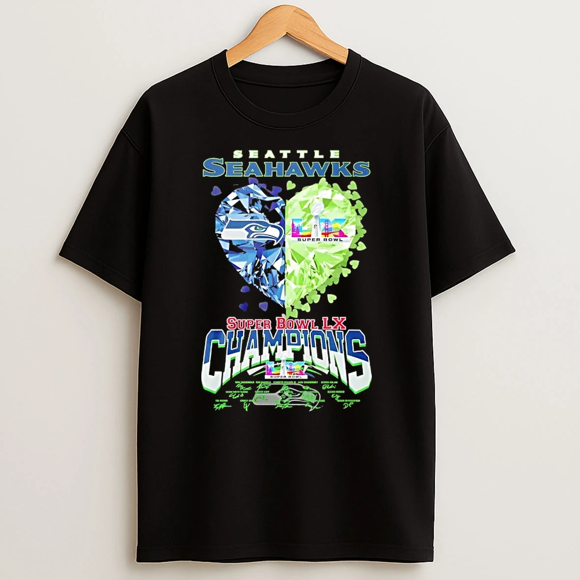 Coach Mike Macdonald And Players Super Bowl Lx Champions Seattle Seahawks Diamond Hearts T Shirt