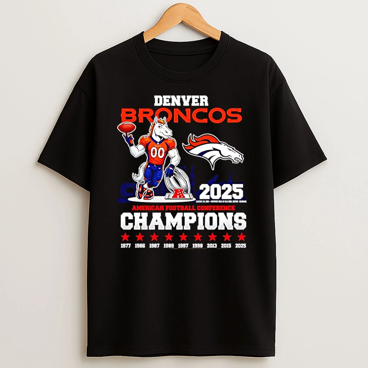 Denver Broncos Mascot American Football Conference Champions 1977 2025 Stars Year T Shirt