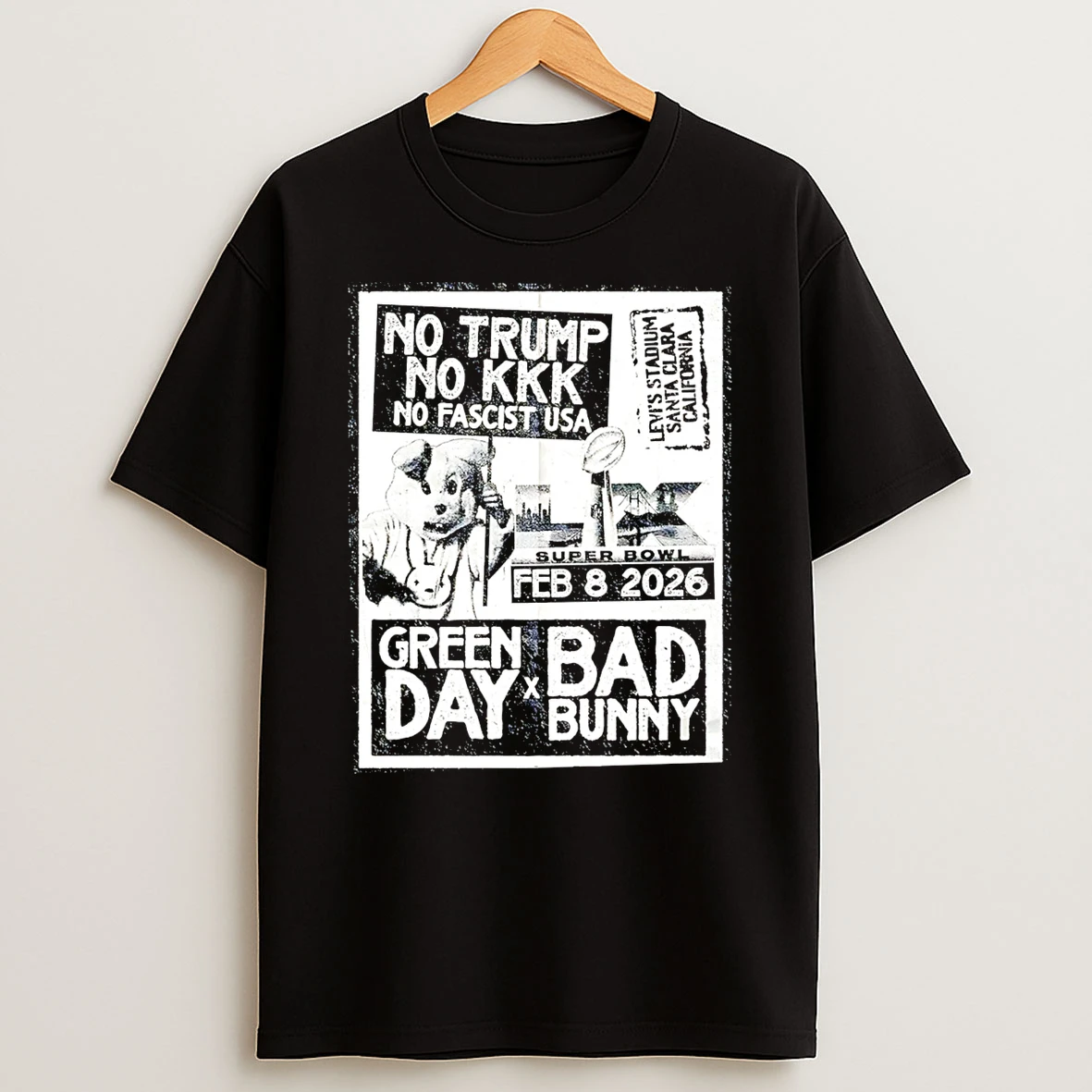 Donald Trump No Trump No Kkk No Fascist Usa Green Day X Bad Bunny Nfl Super Bowl Lx T Shirt