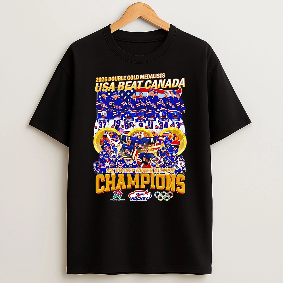 Double Gold Medalists Usa Beat Canada Mens Ice Hockey Olympic Champions 2026 T Shirt