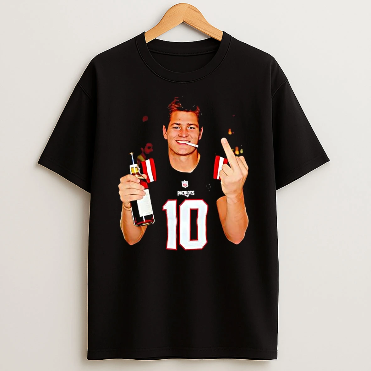 Drake Maye Middle Finger Drink Beer The New England Patriots Graphic T Shirt
