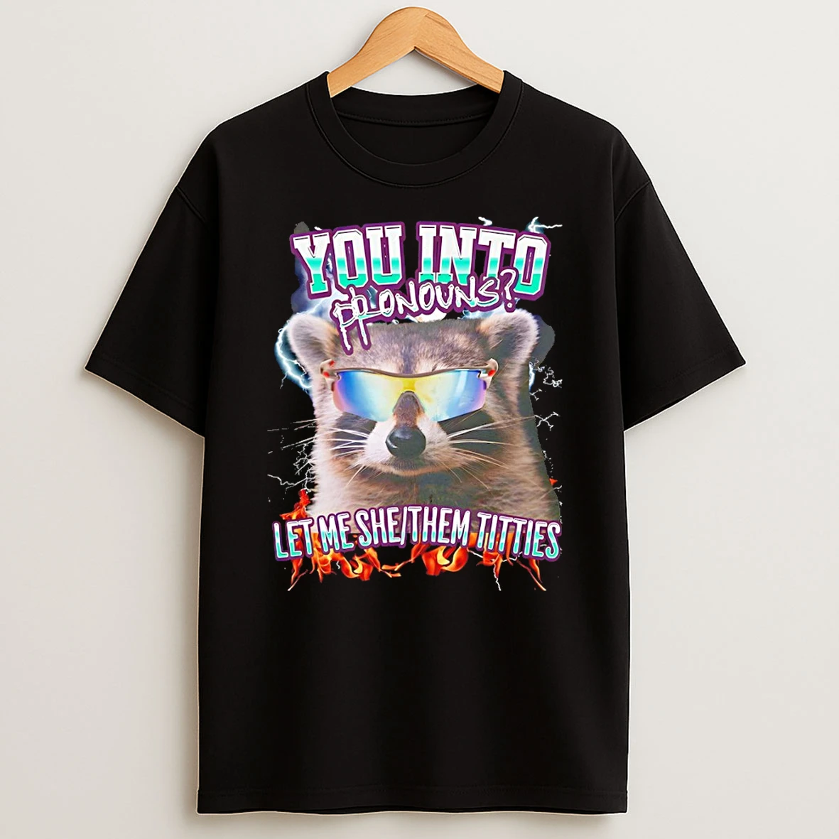 Funny Raccoon You Into Pronouns Let Me She Them Titties T Shirt