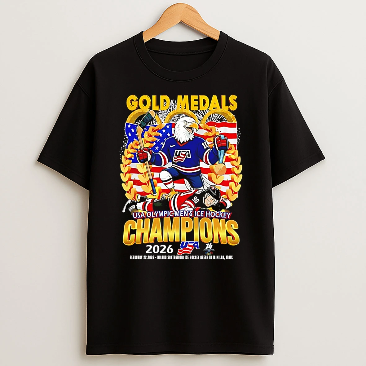 Gold Medals Usa Olympic Mens Ice Hockey Champions 2026 Mascot T Shirt
