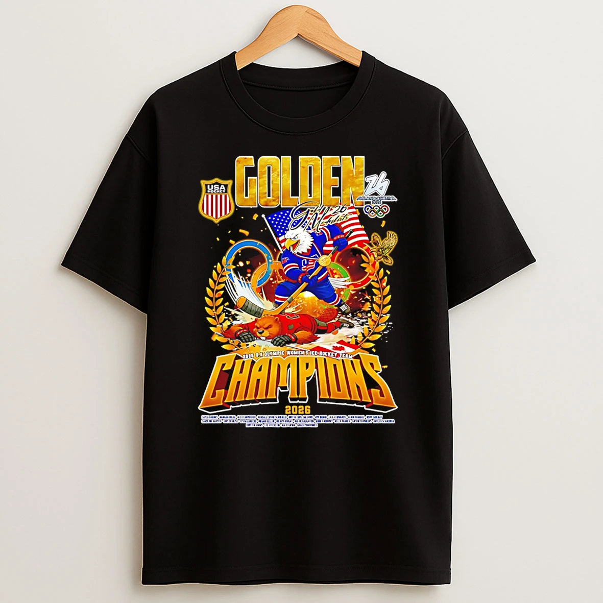 Golden Gold Medalists Usa Beat Canada Womens Ice Hockey Olympic Champions 2026 Mascot T Shirt