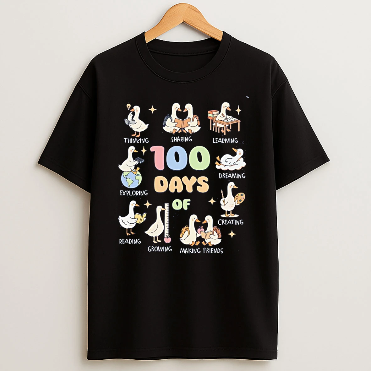 Goose Teacher 100 Days Of School Thinking Sharing Learning Exploring Reading Graphic T Shirt