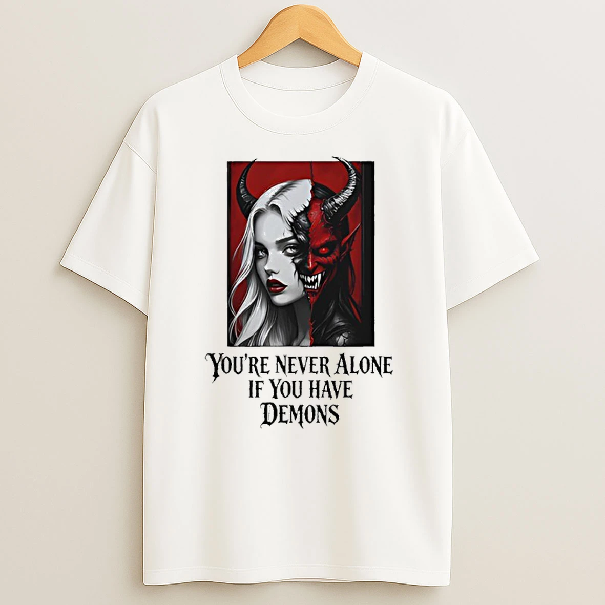 Gothic Split Face Demon Girl Never Alone Horror T Shirt