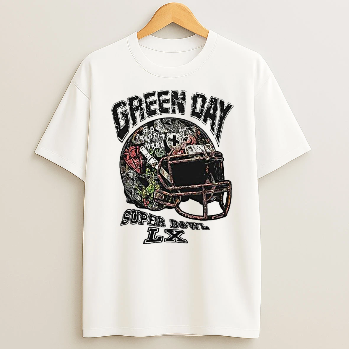 Green Day X Super Bowl Lx Helmet Merch At Levis Stadium In San Francisco Bay Area On February 8 2026 T Shirt