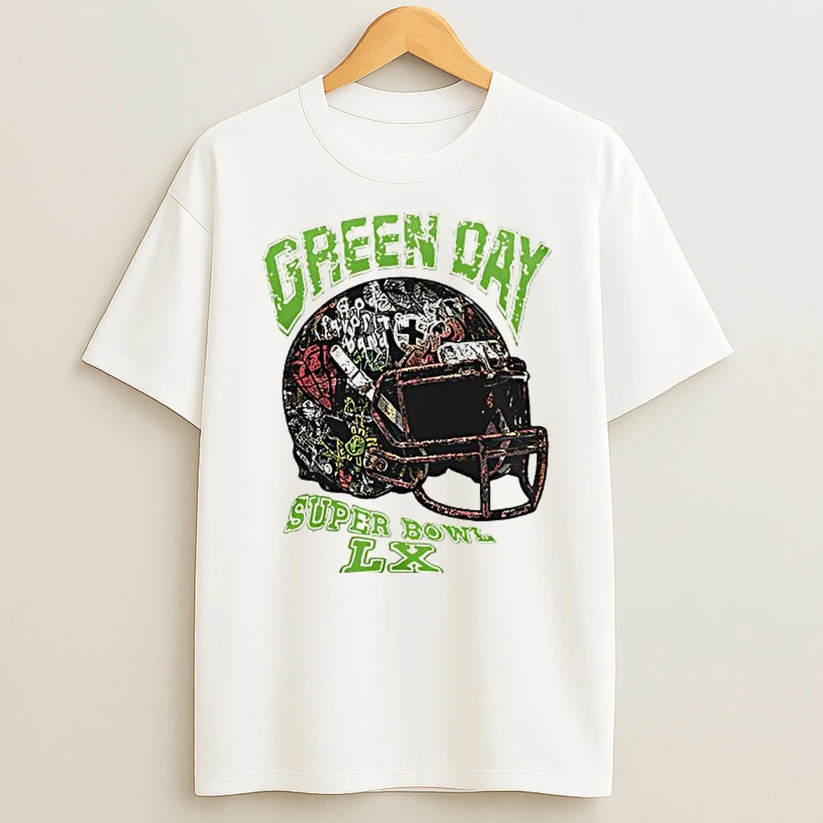 Green Day With Super Bowl Lx Band Helmet Graphic T Shirt