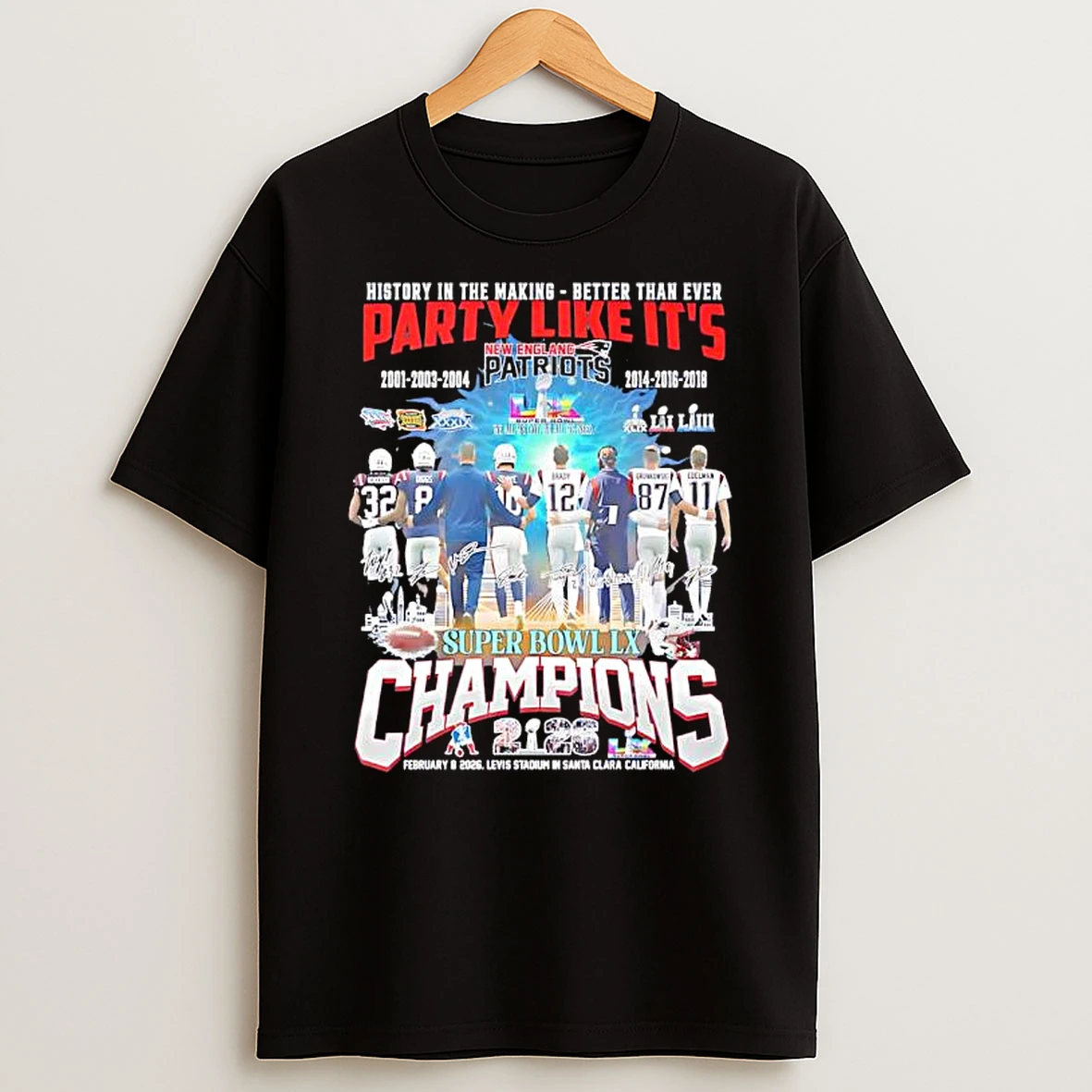History In The Making New England Patriots Super Bowl Lx Champions Signatures Graphic T Shirt