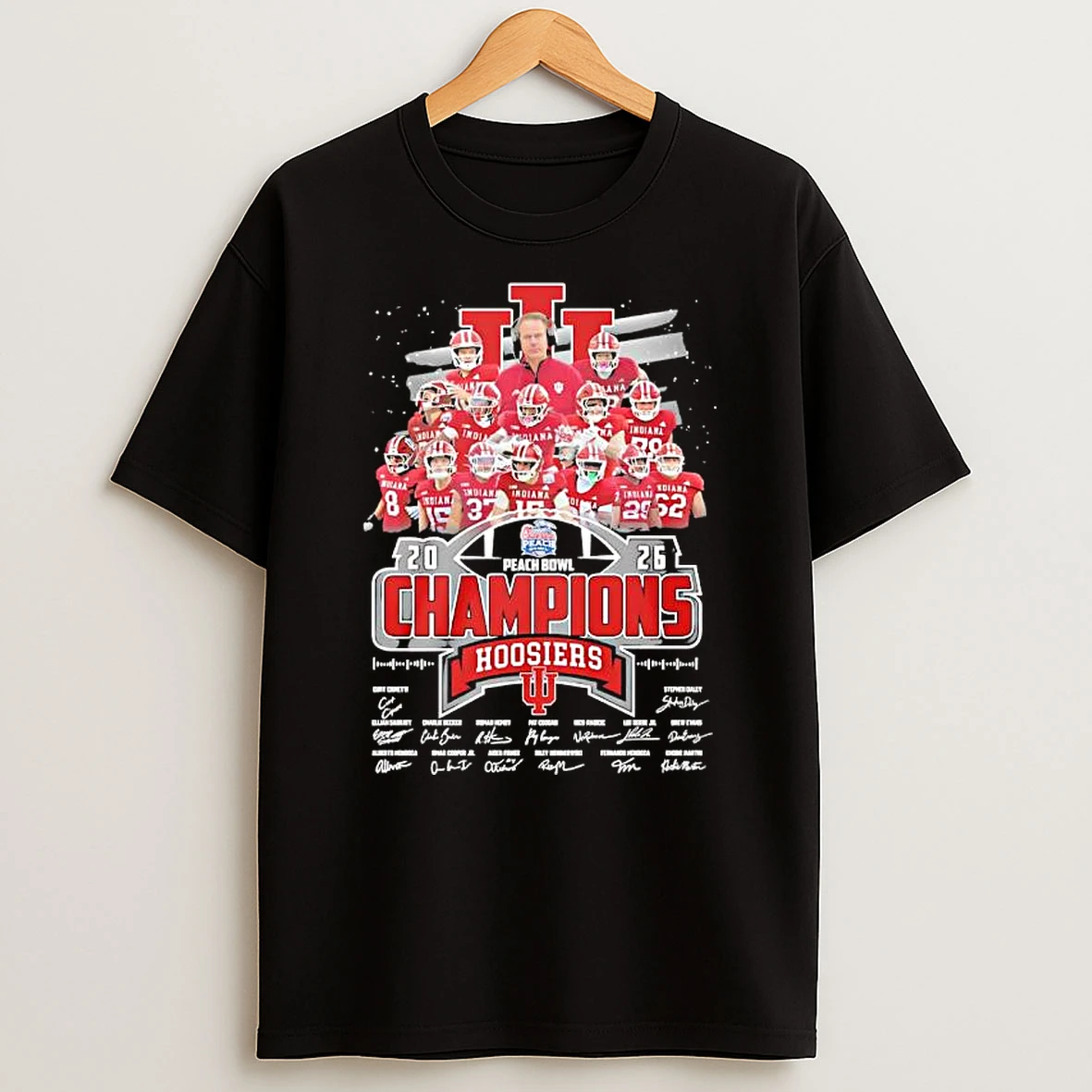 Indiana Hoosiers 2026 Peach Bowl Champions All Team Signatures 2026 T Shirt