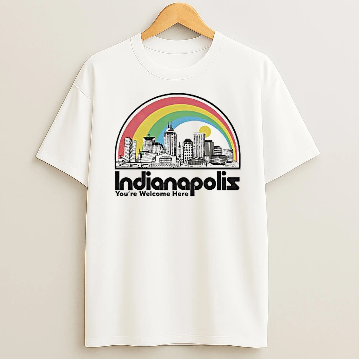 Indianapolis Indiana Youre Welcome Here Skyline Rainbow T Shirt
