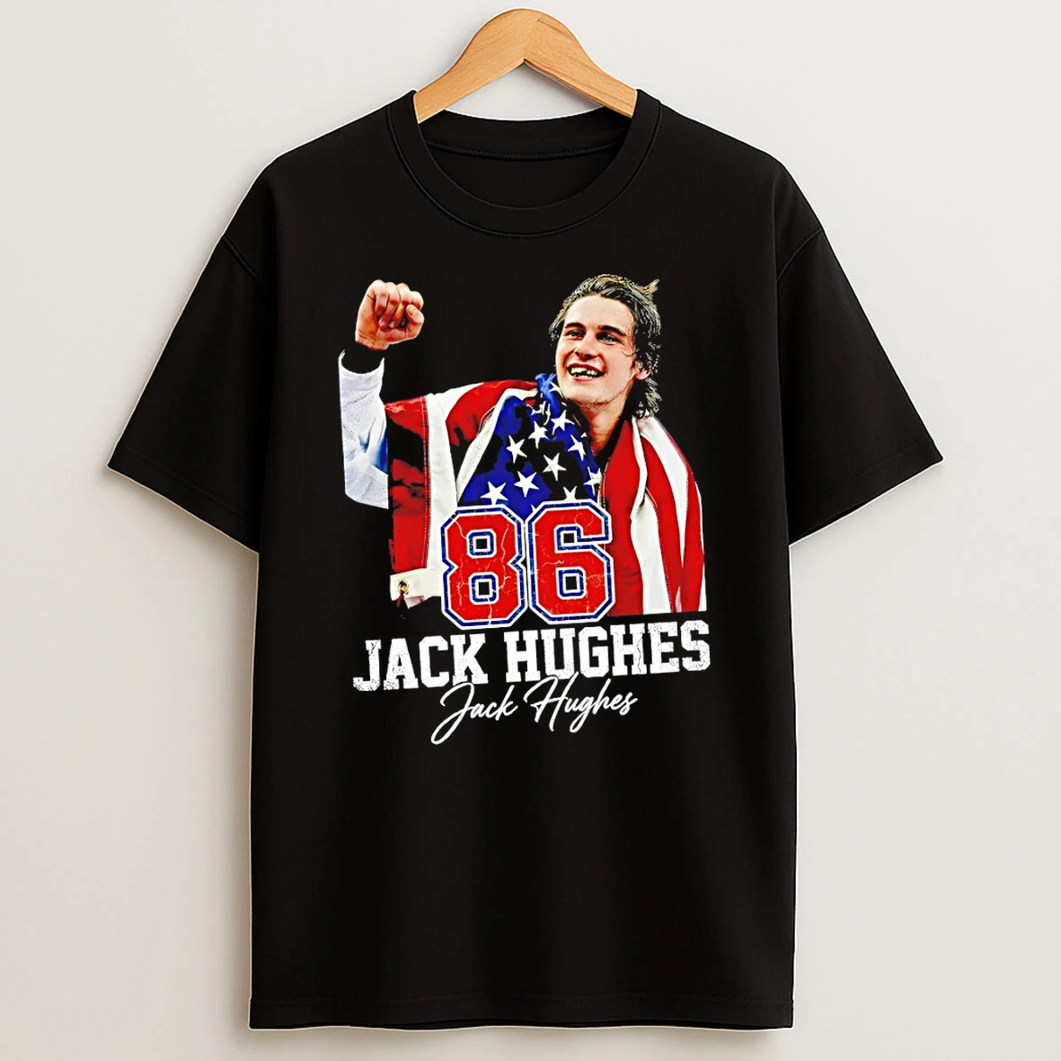 Jack Hughes 86 Usa Hockey Olympic Gold 2026 American Flag T Shirt