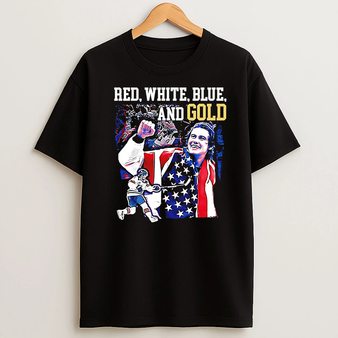 Jack Hughes Red White Blue And Gold Usa Hockey 2026 Olympics Champions T Shirt