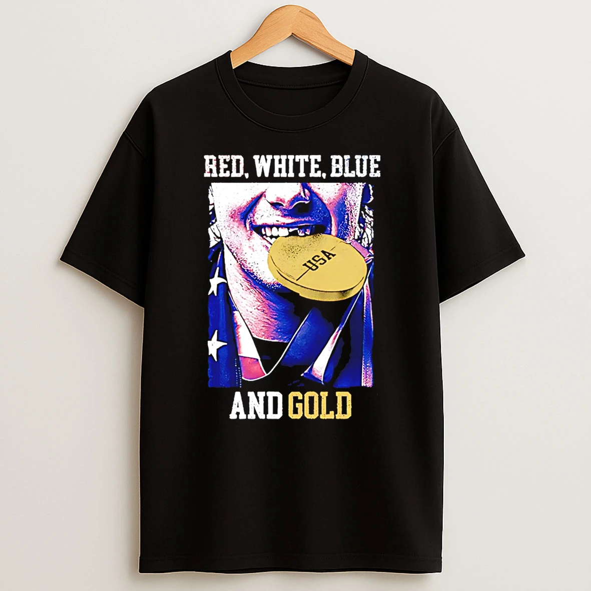 Jack Hughes Red White Blue And Gold Usa Hockey 2026 Winter Olympics T Shirt