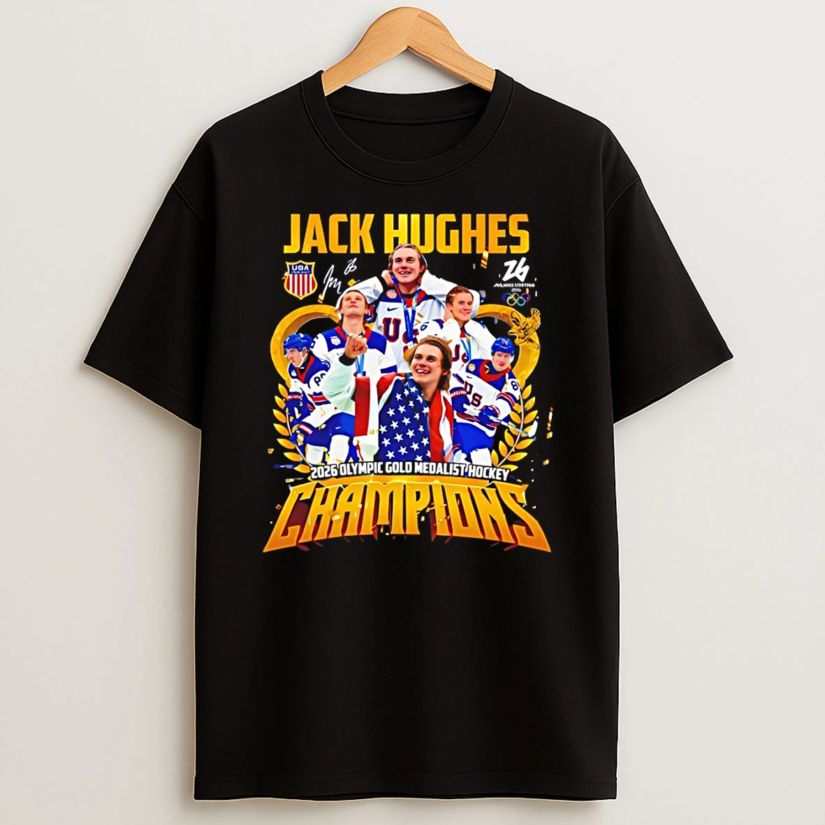 Jack Hughes Team Usa Hockey American Flag Olympic 2026 Gold Medalist Hockey Champions T Shirt
