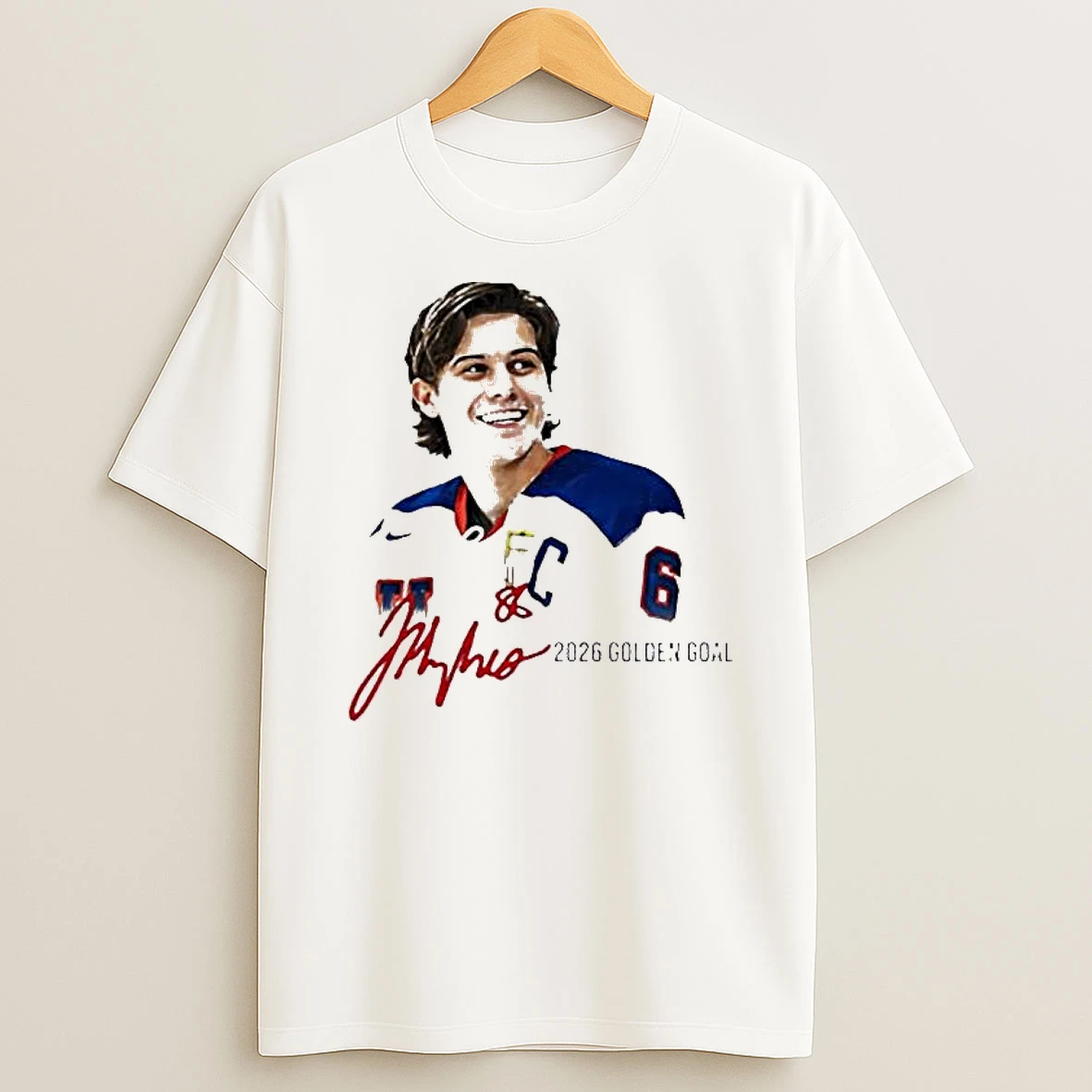 Jack Hughes Team Usa Captain 2026 Golden Goal Signature Hockey T Shirt
