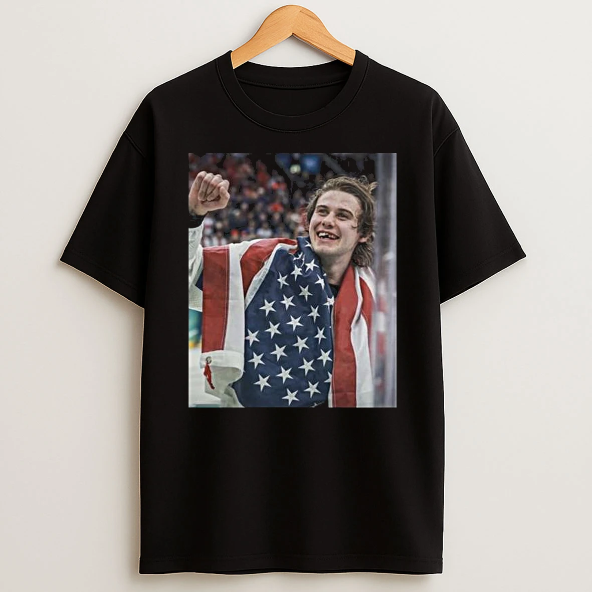 Jack Hughes Toothless Smile Photo Olympic Milano Cortina 2026 Gold Metal Mens Hockey Champion T Shirt