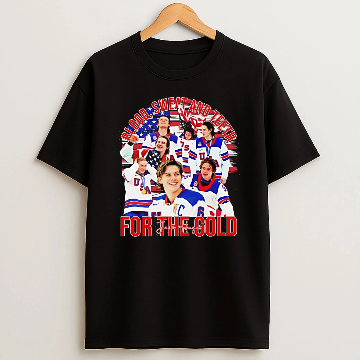 Jack Hughes Usa Gold Hockey Blood Sweat And Teeth For The Gold T Shirt