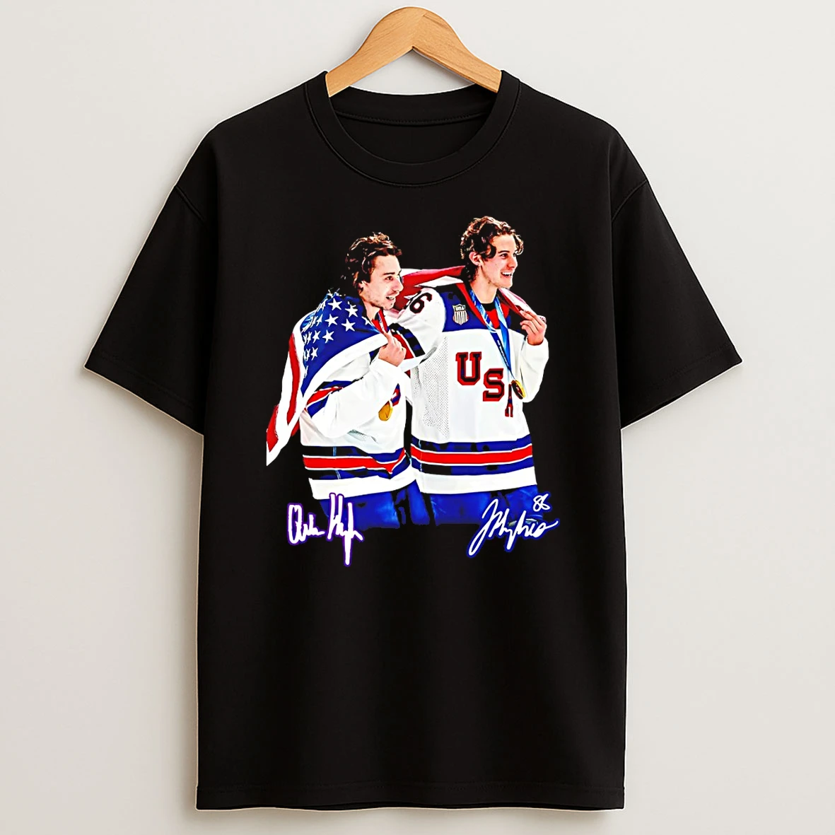 Jack Hughes And Quinn Hughes Usa Gold Medal Hockey Champion Signatures T Shirt