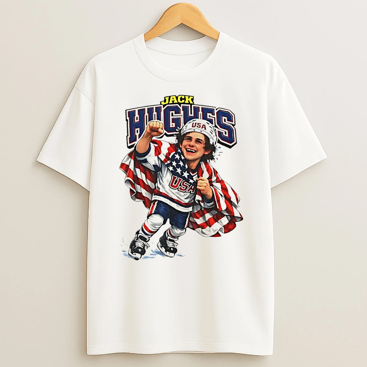 Jack Hughes Caricature Usa Hockey American Flag Olympic 2026 T Shirt