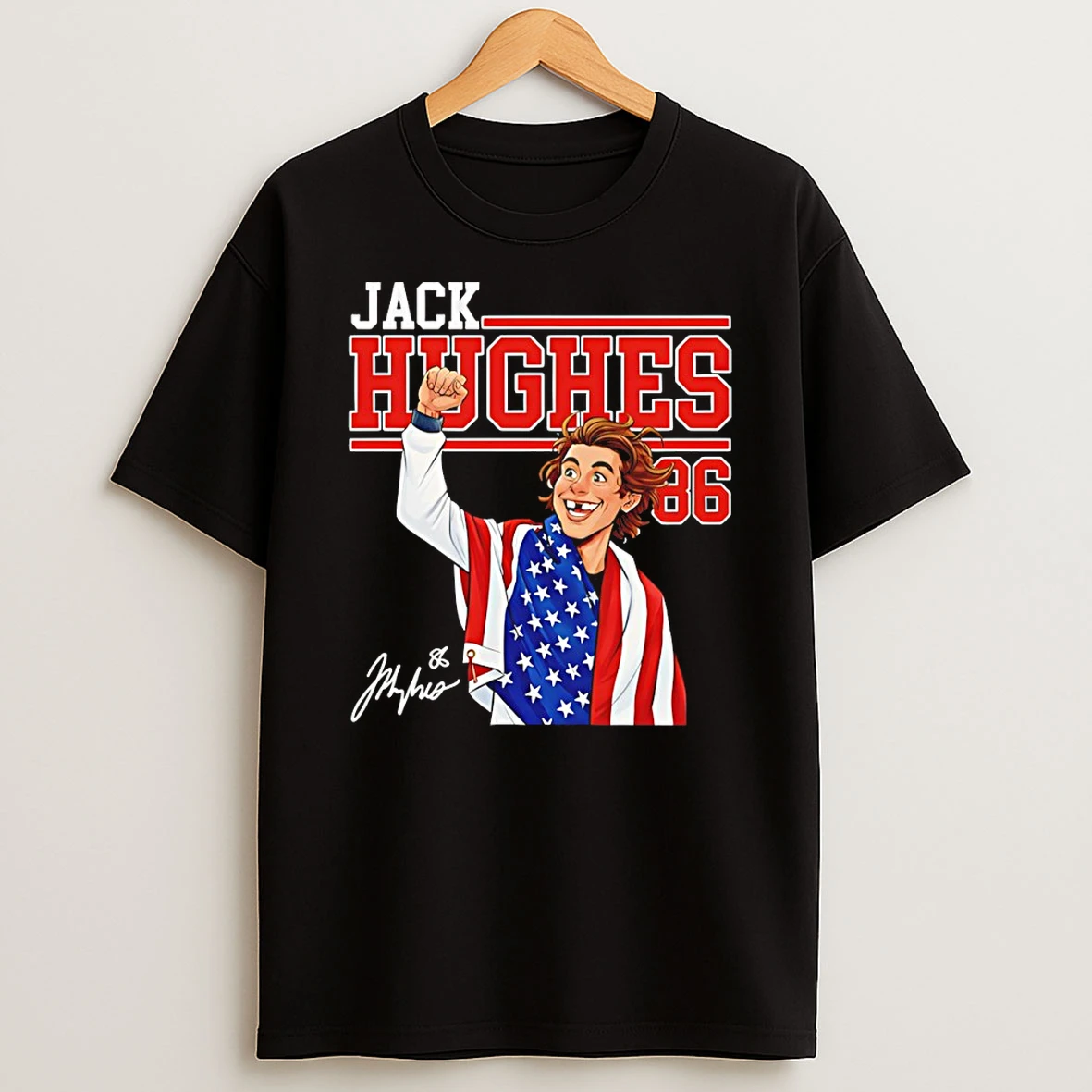 Jack Hughes Cartoon 86 American Ice Hockey Usa Olympics 2026 American Flag Signature T Shirt