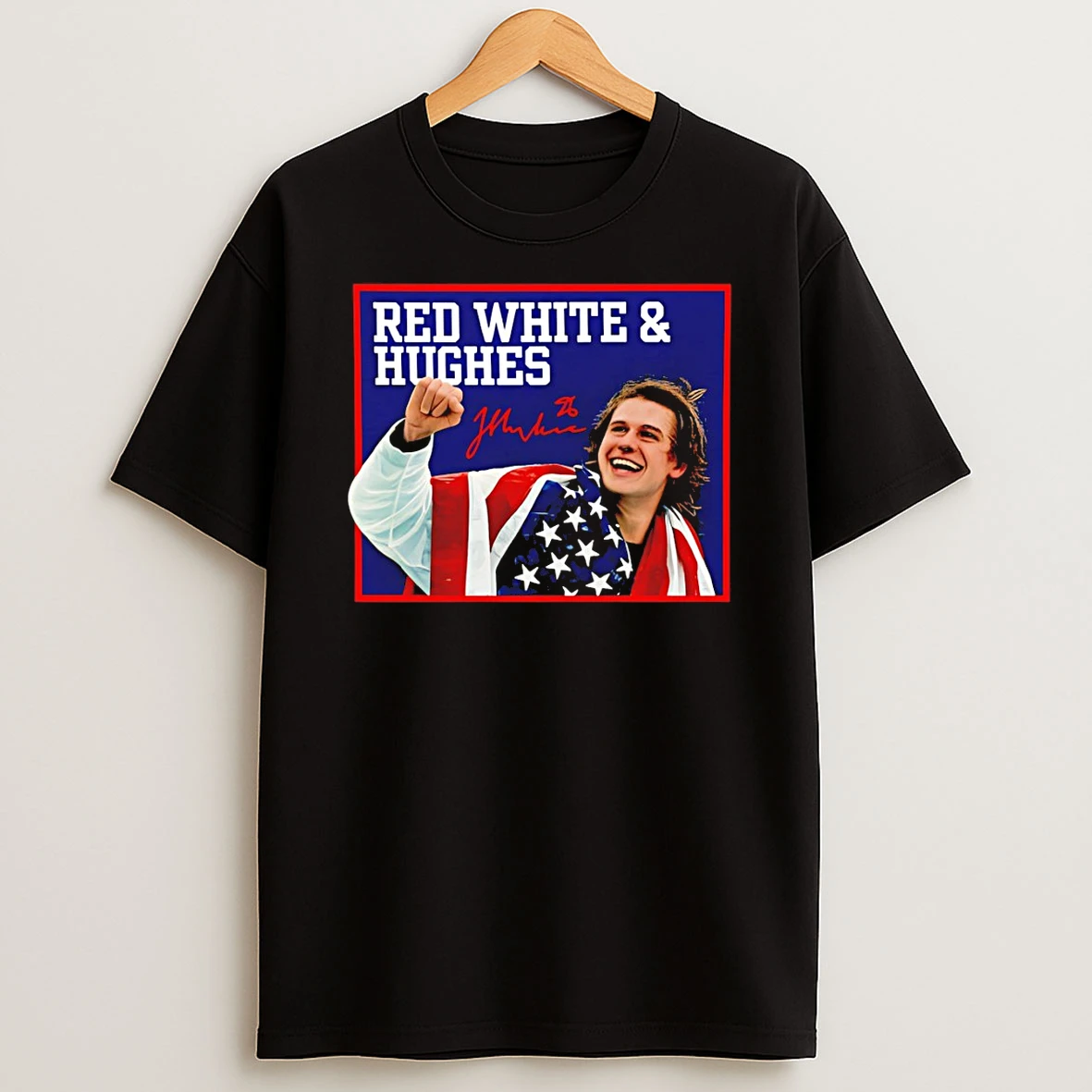 Jack Hughes Red White And Hughes Gold Usa Hockey Champions American Flag Signature T Shirt