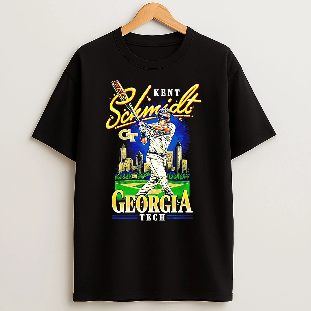 Kent Schmidt Georgia Tech Baseball Comic Hot Dog Bat T Shirt