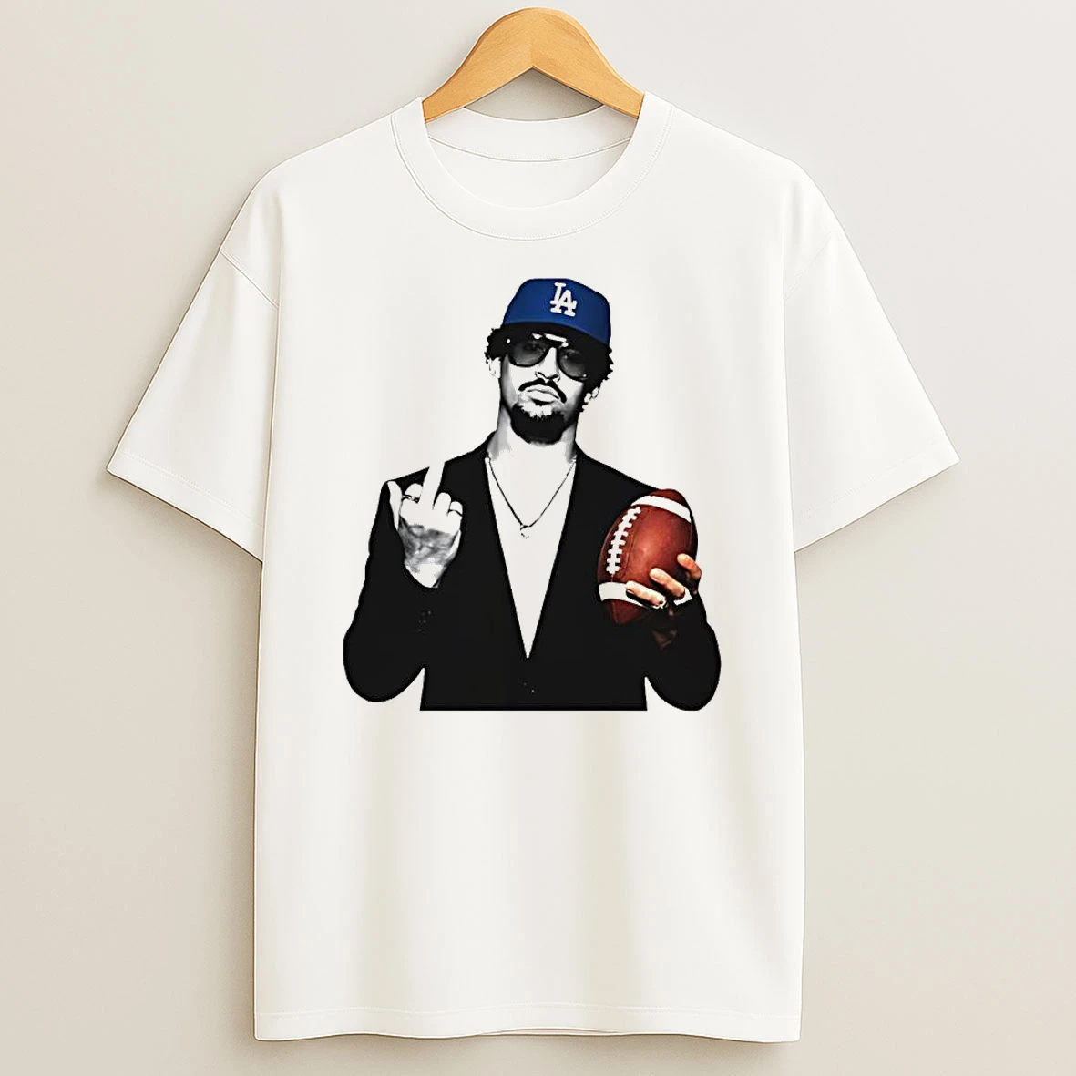 Man In La Hat And Suit Holding Football Middle Finger Graphic T Shirt